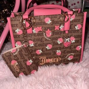 Juicy Couture Strawberry Print Satchel in Pink and Brown with Matching Wallet